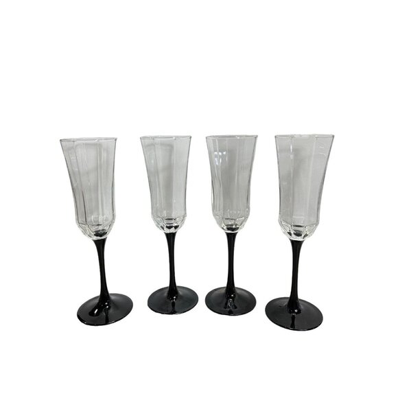 Vtg 4 Luminarc Octime Octagon Wine Champagne Flutes Glass Black Stem France Made - Picture 2 of 9